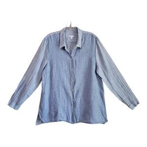 J JILL Love Linen Size L Blouse Blue White Button Up Vertical Striped Coastal 42